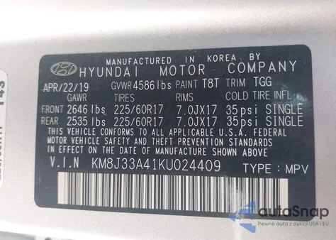 2019 Hyundai Tucson Value from USA, damaged, VIN KM8J33A41KU024409